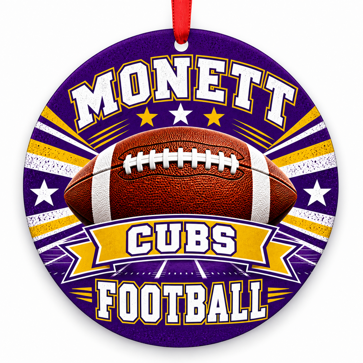 Monett High School Cubs Classic Football Christmas ornament in purple and gold with red hanging ribbon