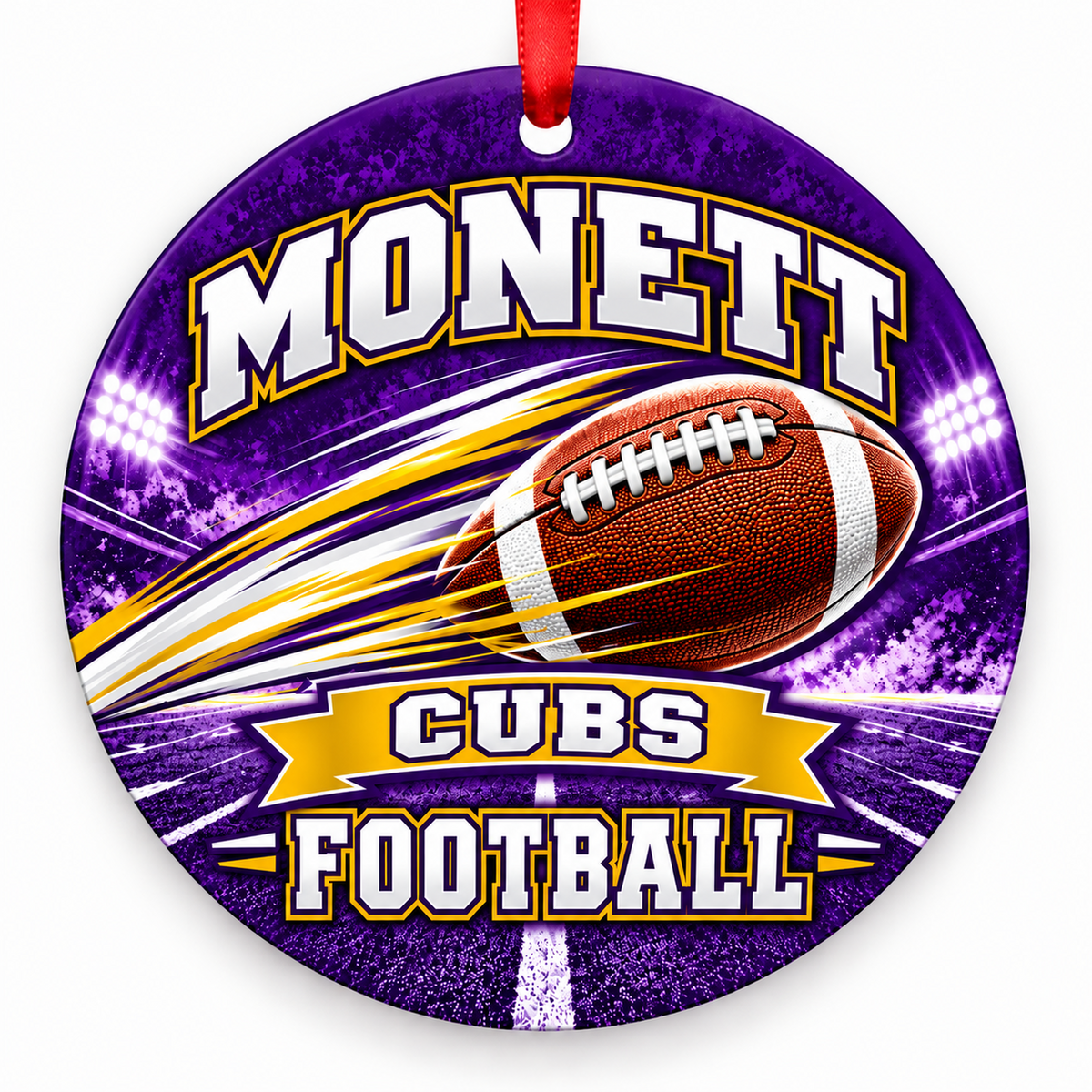 Monett High School Cubs Football in Motion Christmas ornament in purple and gold with red hanging ribbon