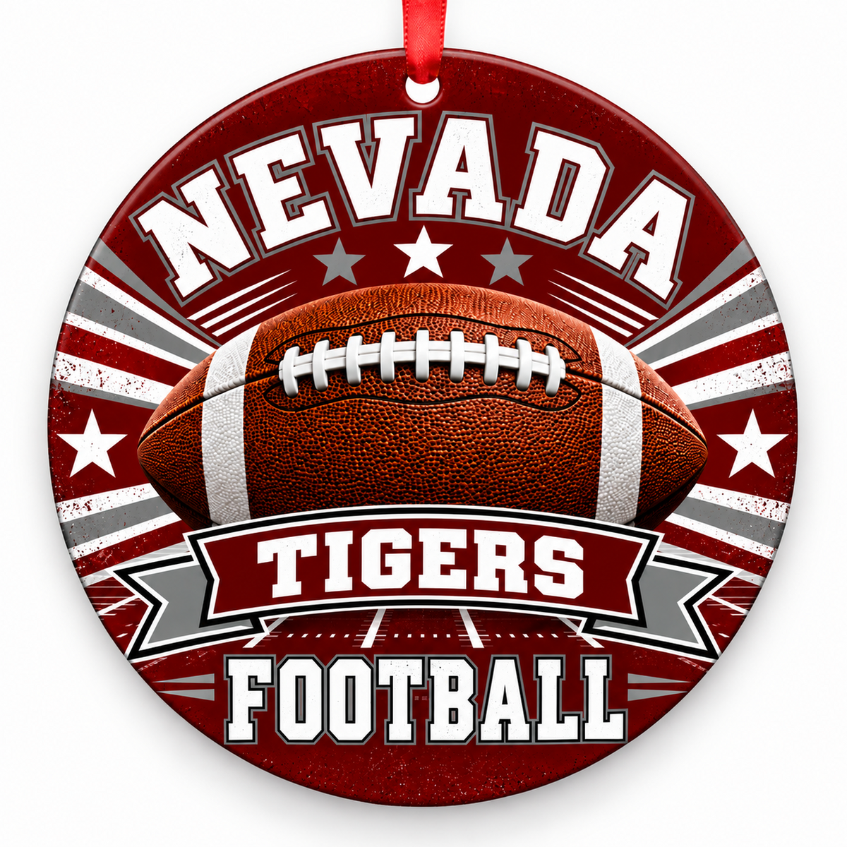 Nevada High School Tigers Classic Football Christmas ornament in crimson and gray with red hanging ribbon