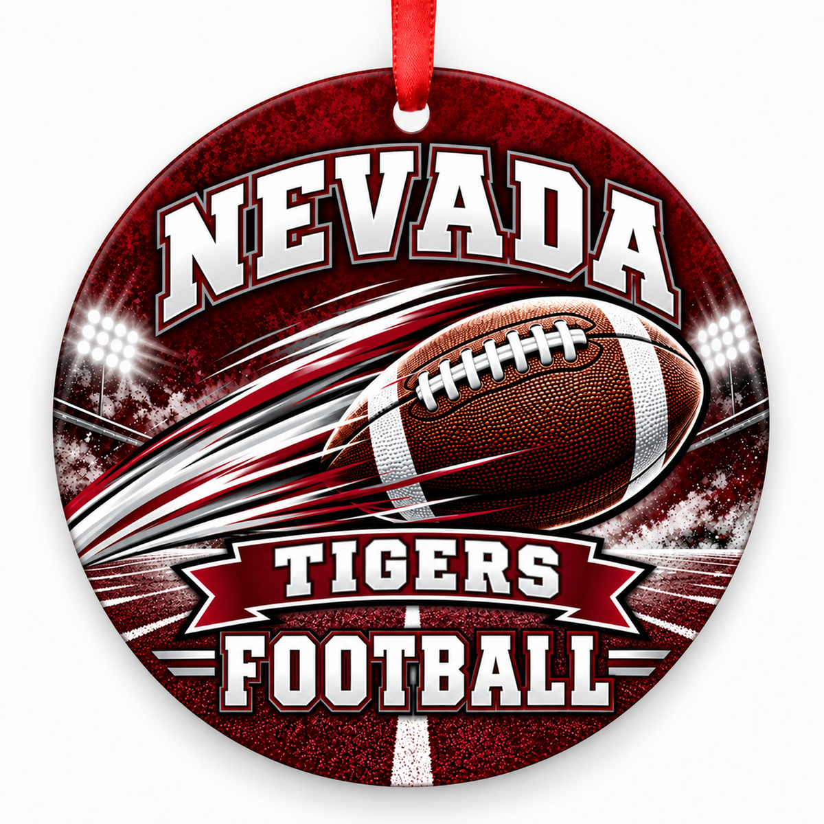 Nevada High School Tigers Football in Motion Christmas ornament in crimson and gray with red hanging ribbon