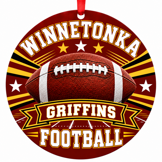 Winnetonka High School Griffins Classic Football Christmas ornament in cardinal and gold with red hanging ribbon