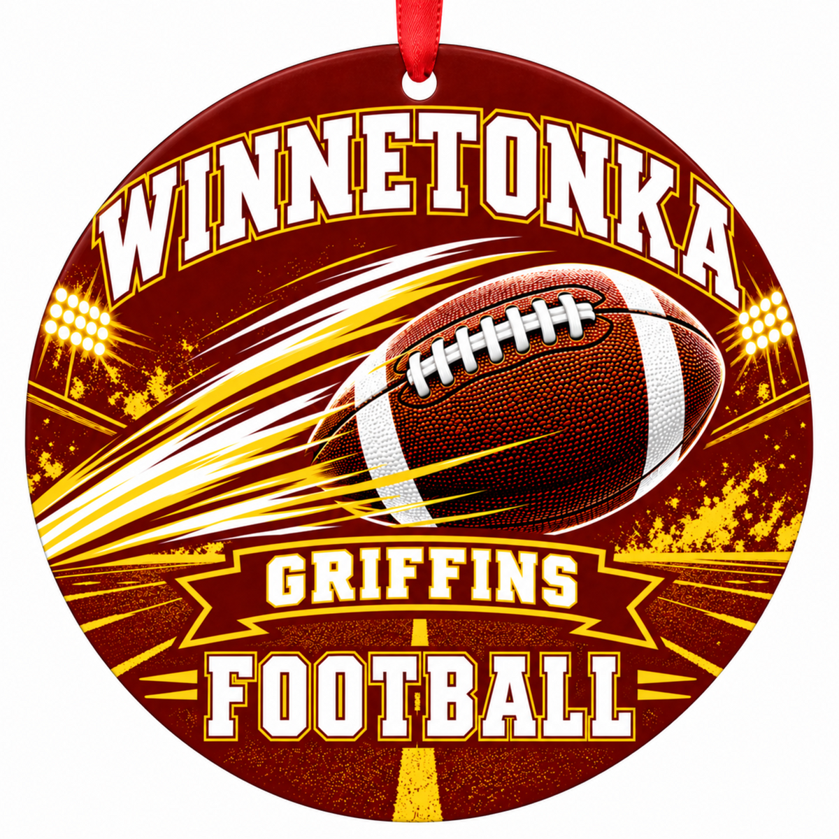 Winnetonka High School Griffins Football in Motion Christmas ornament in cardinal and gold with red hanging ribbon