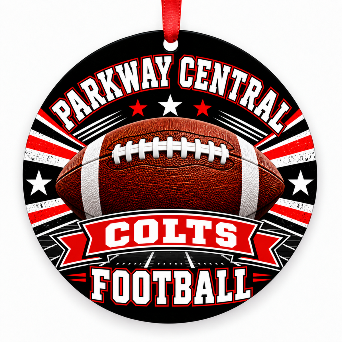 Parkway Central Colts Classic Football Christmas ornament in black, red and white with red hanging ribbon