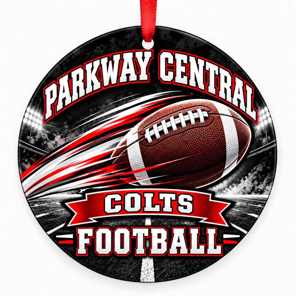 Parkway Central Colts Football in Motion Christmas ornament in black, red and white with red hanging ribbon