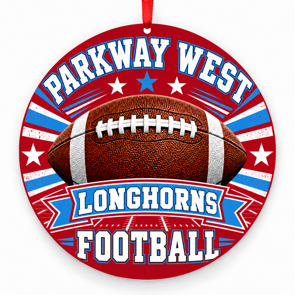Parkway West Longhorns Classic Football 3-inch round Christmas ornament in red, Carolina blue and white with red ribbon