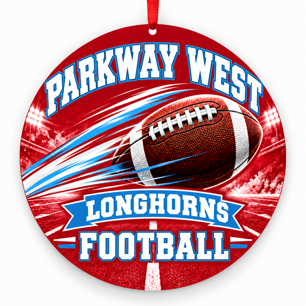 Parkway West Longhorns Football in Motion 3-inch Christmas ornament with angled football and stadium lights in red, Carolina blue and white