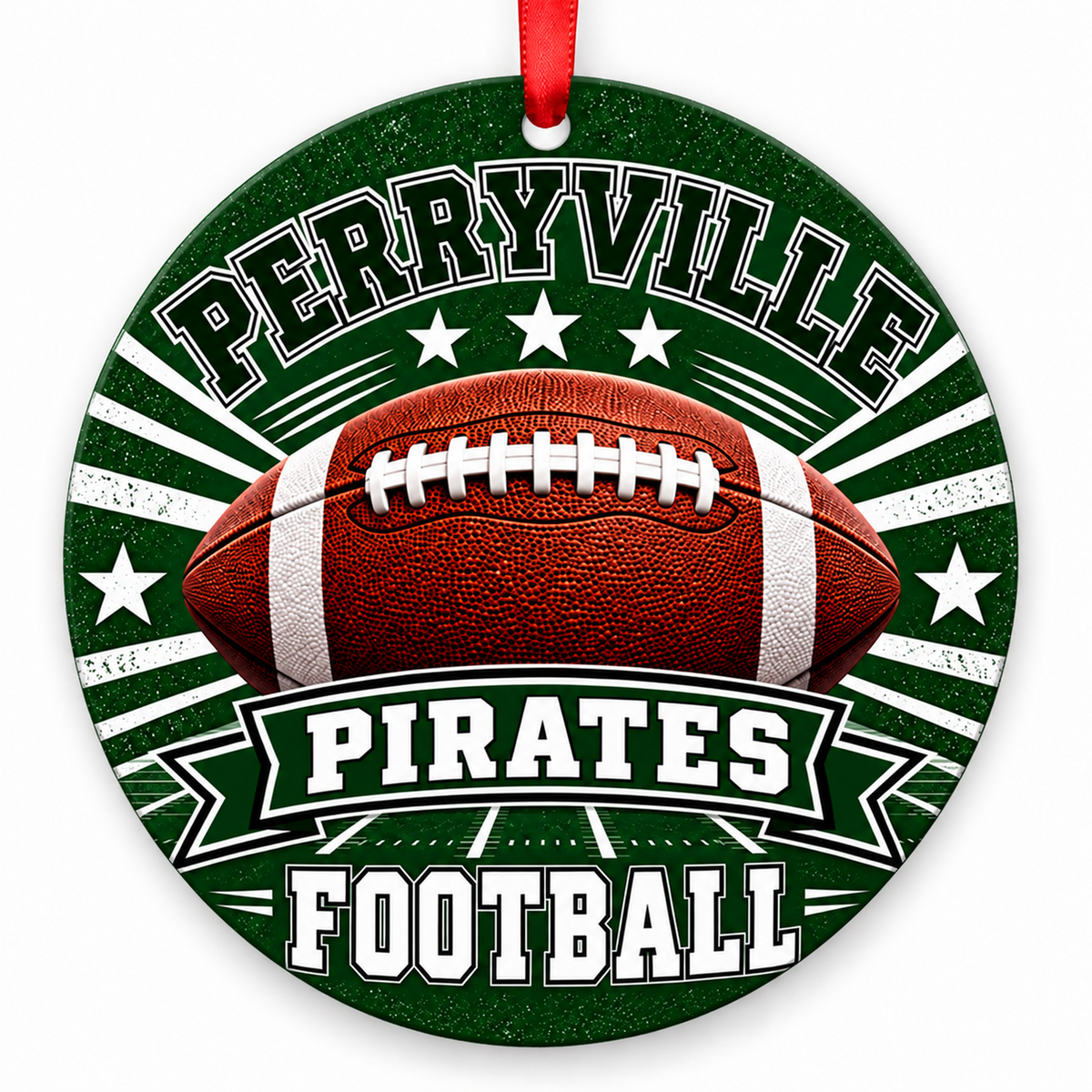Perryville High School Pirates Classic Football Christmas ornament in green and white with red hanging ribbon