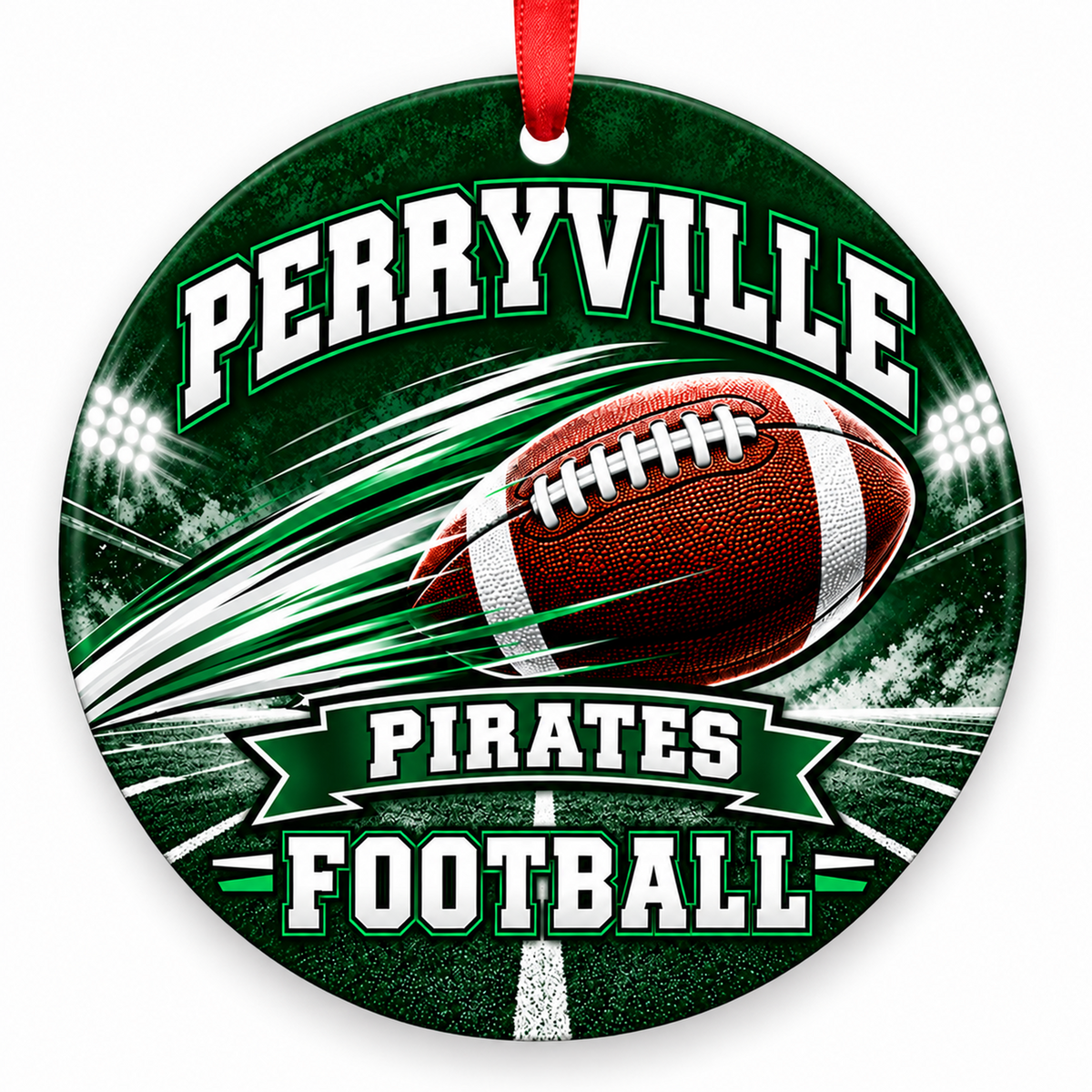 Perryville High School Pirates Football in Motion Christmas ornament in green and white with red hanging ribbon