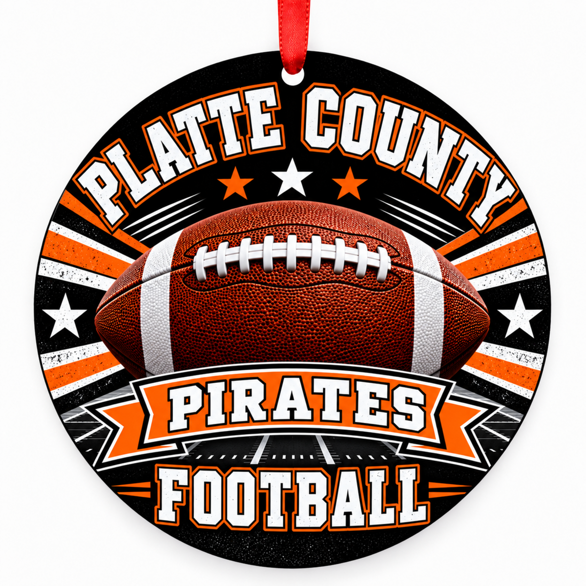 Platte County Pirates Classic Football 3-inch round Christmas ornament in black and orange with red ribbon, Platte City Missouri