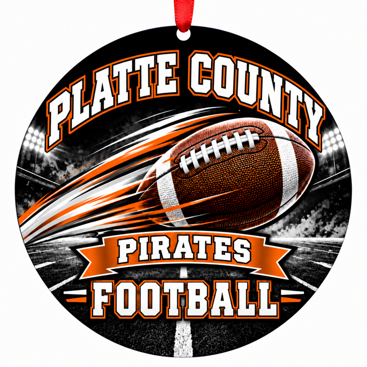 Platte County Pirates Football in Motion 3-inch round Christmas ornament in black and orange with red ribbon, Platte City Missouri