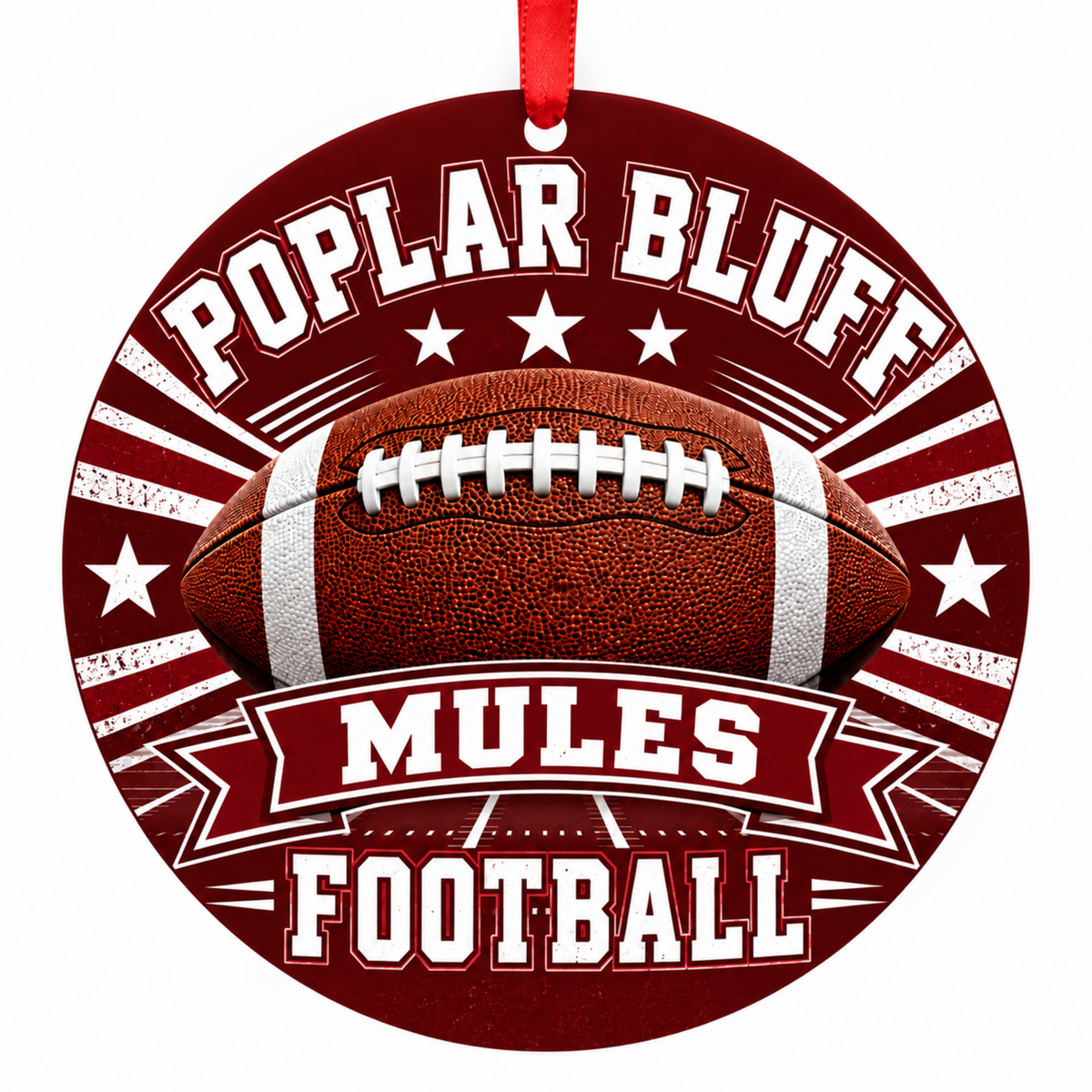 Poplar Bluff Mules Classic Football 3-inch round Christmas ornament in maroon and white with red hanging ribbon, Poplar Bluff Missouri