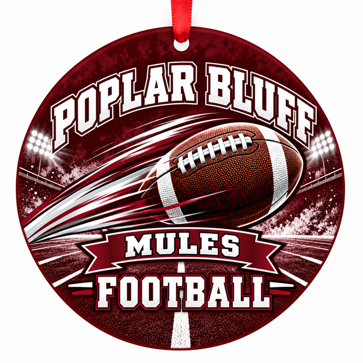 Poplar Bluff Mules Football in Motion 3-inch round Christmas ornament in maroon and white with red hanging ribbon, Poplar Bluff Missouri