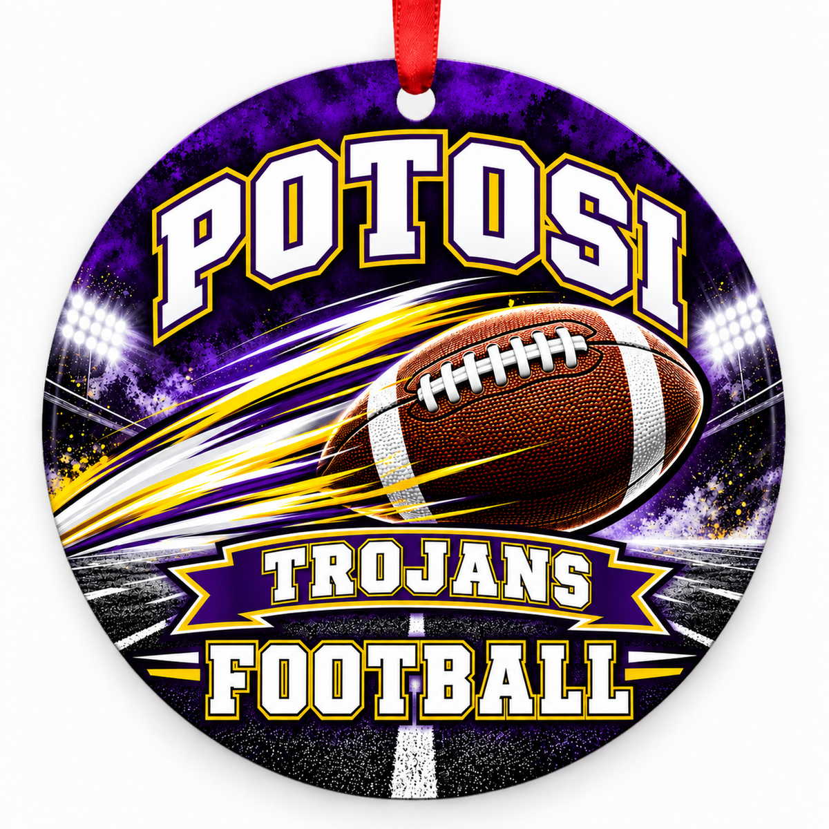 Potosi High Trojans Football in Motion flat round 3-inch ornament