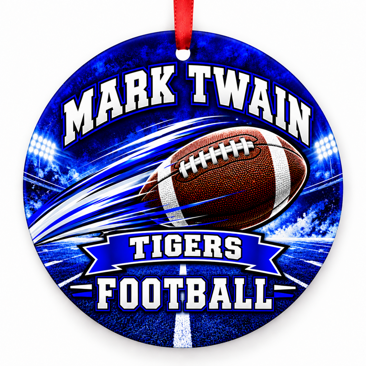 Mark Twain High School Tigers – Football in Motion 3-inch football ornament, CENTER, Missouri