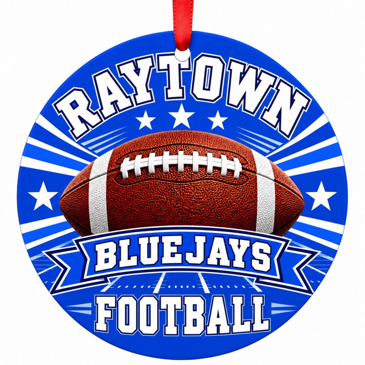 Raytown Bluejays Classic Football Christmas ornament in blue and white with red hanging ribbon