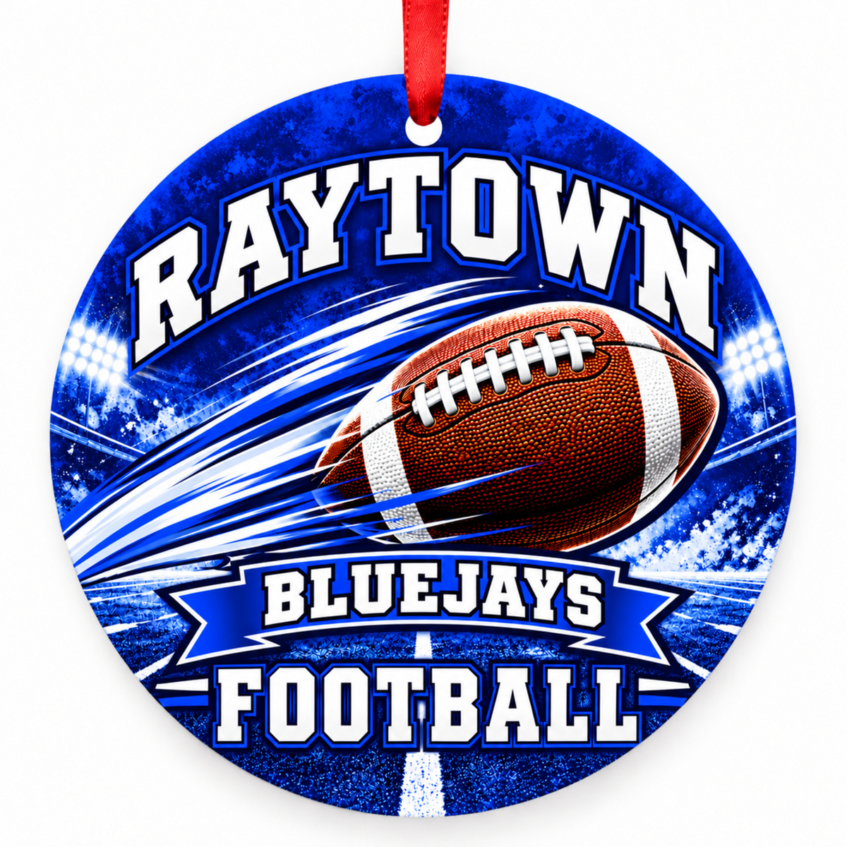Raytown Bluejays Football in Motion Christmas ornament in blue and white with red hanging ribbon