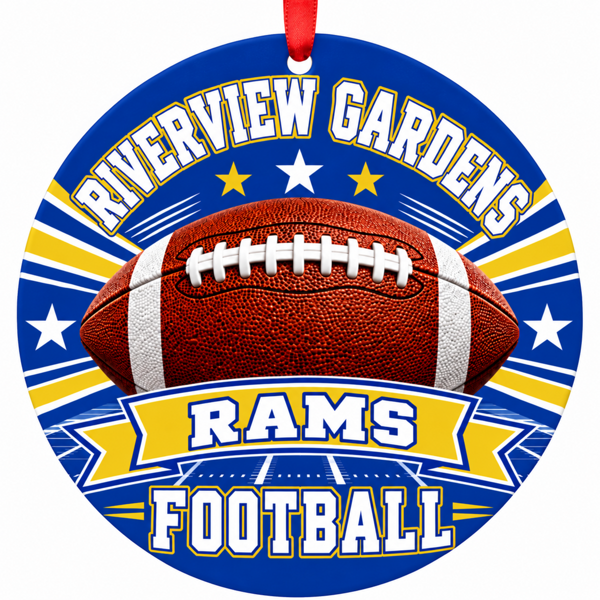 Riverview Gardens High School Rams Classic Football Christmas ornament in royal blue and gold with red hanging ribbon