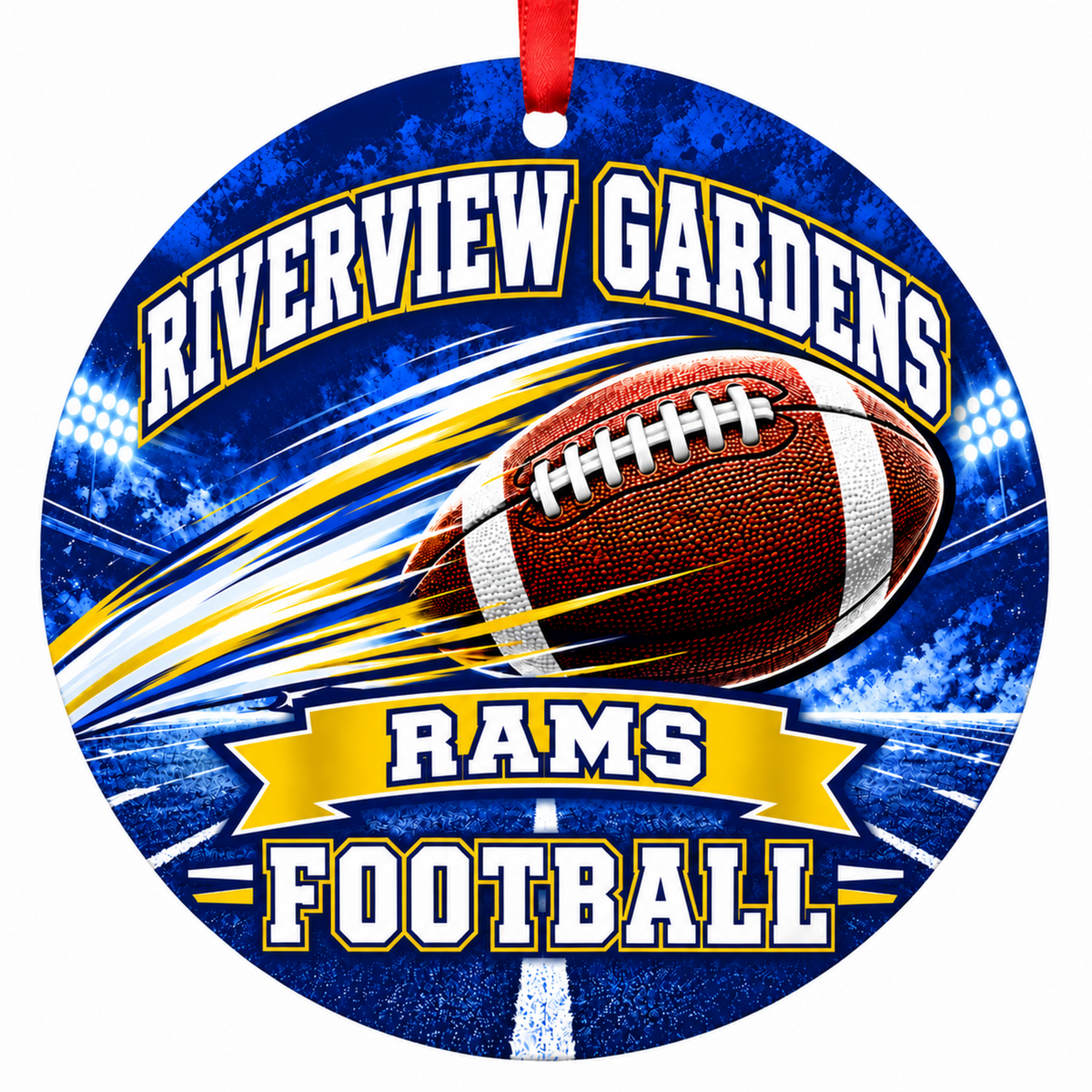 Riverview Gardens High School Rams Football in Motion Christmas ornament in royal blue and gold with red hanging ribbon