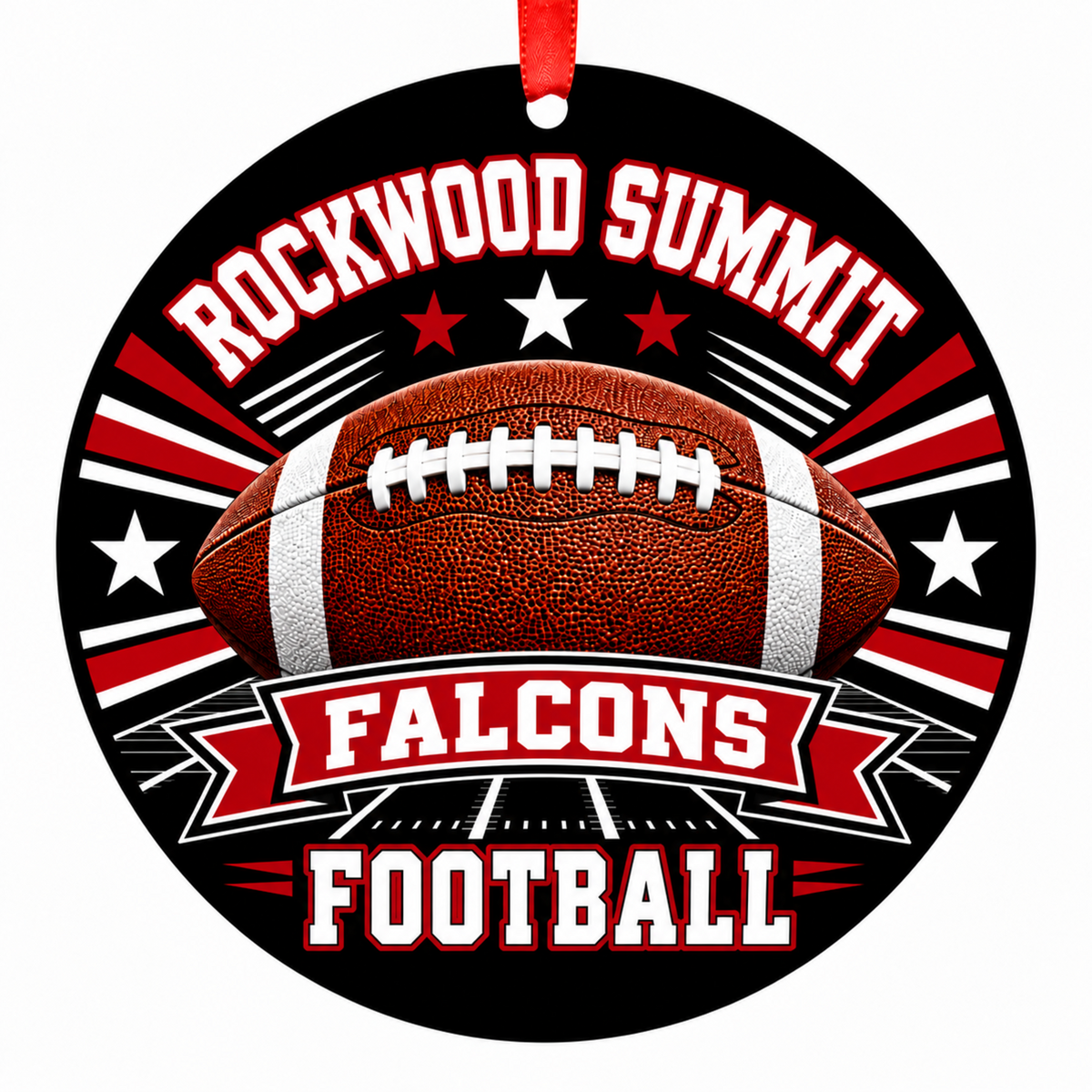 Rockwood Summit High School Falcons Classic Football Christmas ornament in black and maroon with red hanging ribbon