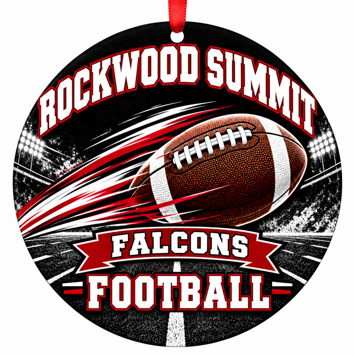 Rockwood Summit High School Falcons Football in Motion Christmas ornament in black and maroon with red hanging ribbon