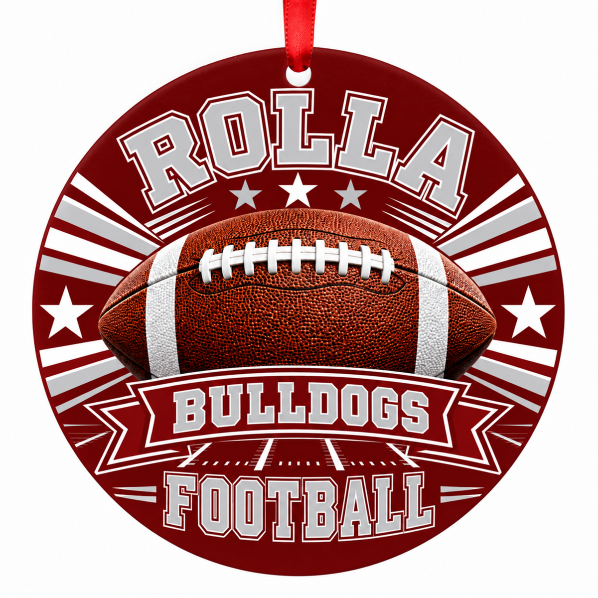 Rolla Bulldogs Classic Football 3-inch round Christmas ornament in maroon and gray with red hanging ribbon, Rolla Missouri