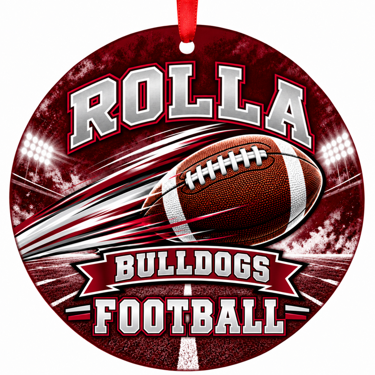Rolla Bulldogs Football in Motion 3-inch round Christmas ornament in maroon and gray with red hanging ribbon, Rolla Missouri