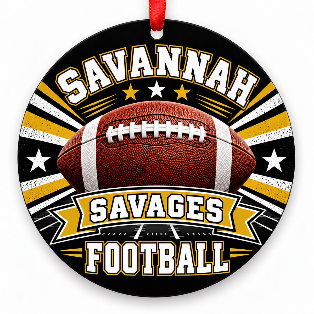 Savannah High School Savages Classic Football Christmas ornament in black and gold with red hanging ribbon