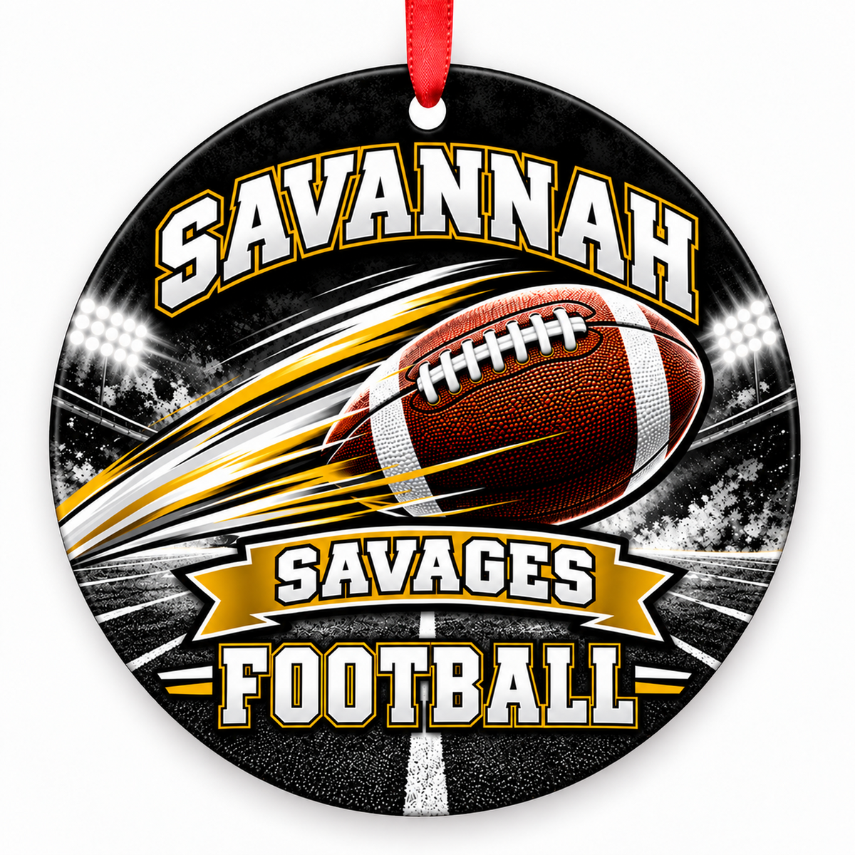 Savannah High School Savages Football in Motion Christmas ornament in black and gold with red hanging ribbon