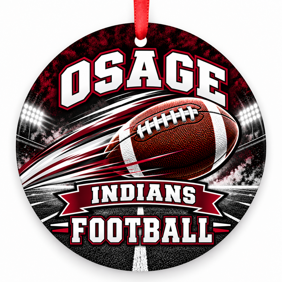 Osage High Indians Football in Motion flat round 3-inch ornament