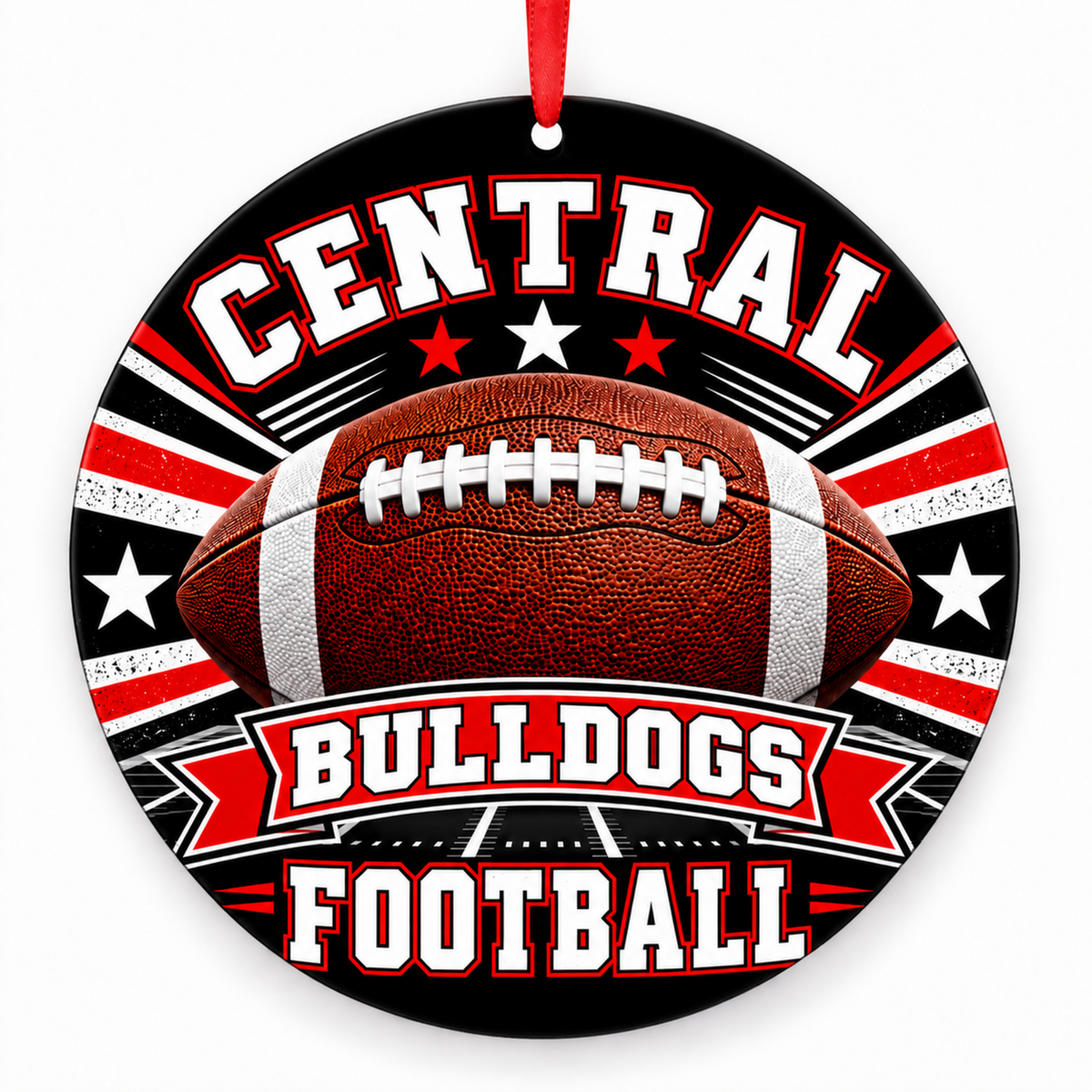 Central Bulldogs Classic Football Christmas ornament in black, red and white with red ribbon, Springfield Missouri