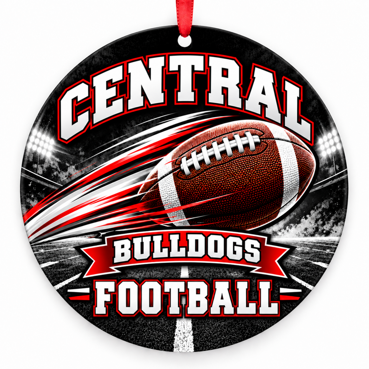 Central Bulldogs Football in Motion Christmas ornament in black, red and white with red ribbon, Springfield Missouri
