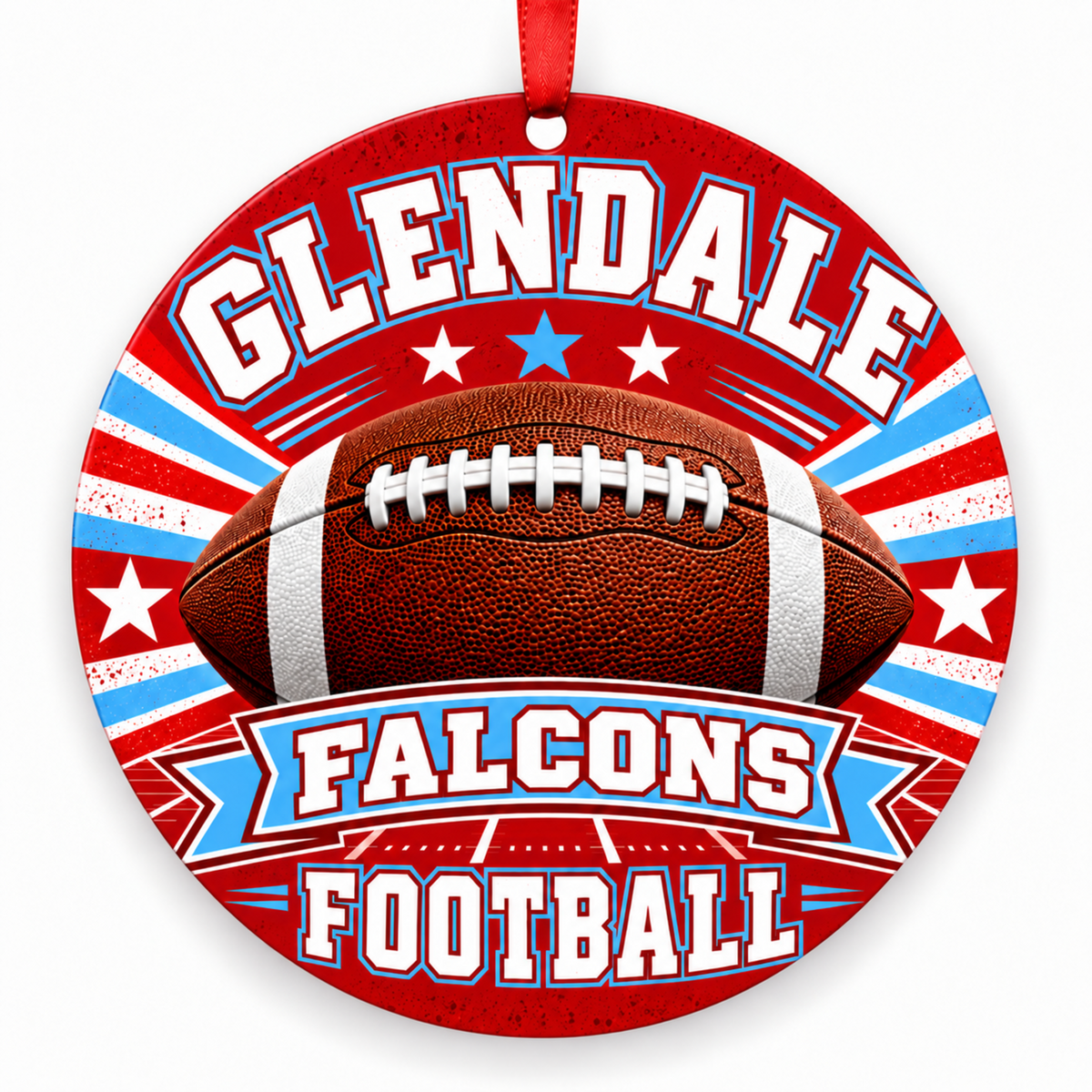 Glendale Falcons Classic Football 3-inch round Christmas ornament in scarlet red, Columbia blue and white, Springfield Missouri