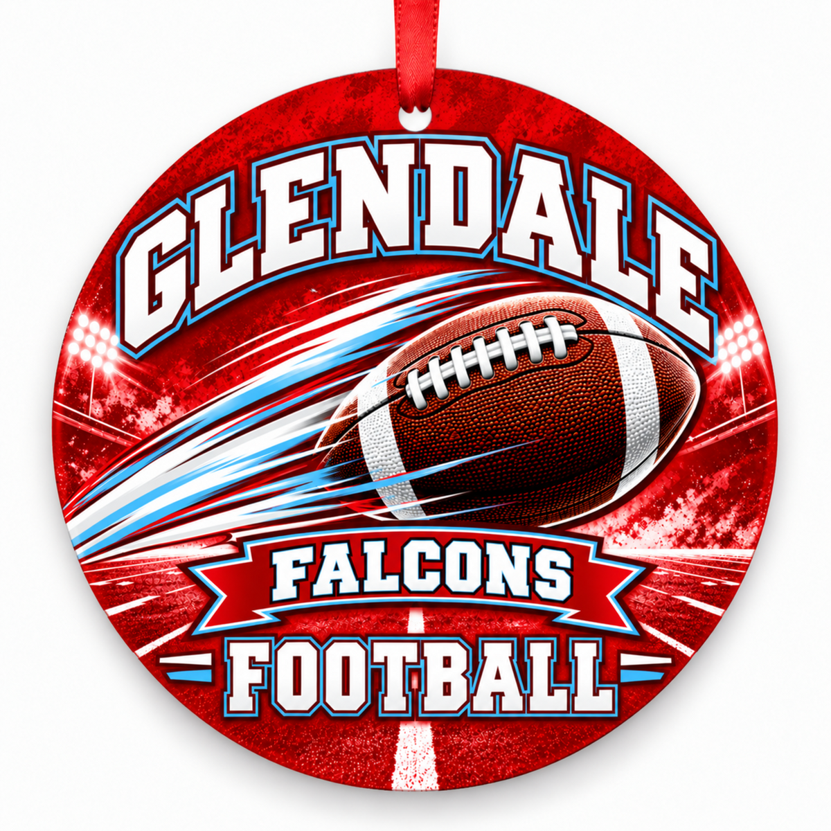 Glendale Falcons Football in Motion 3-inch round Christmas ornament in scarlet red, Columbia blue and white, Springfield Missouri