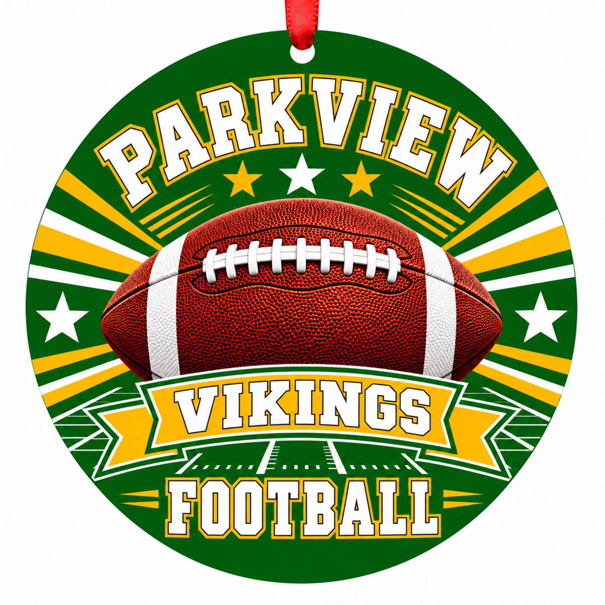 Parkview High School Vikings Classic Football Christmas ornament in green and gold with red hanging ribbon