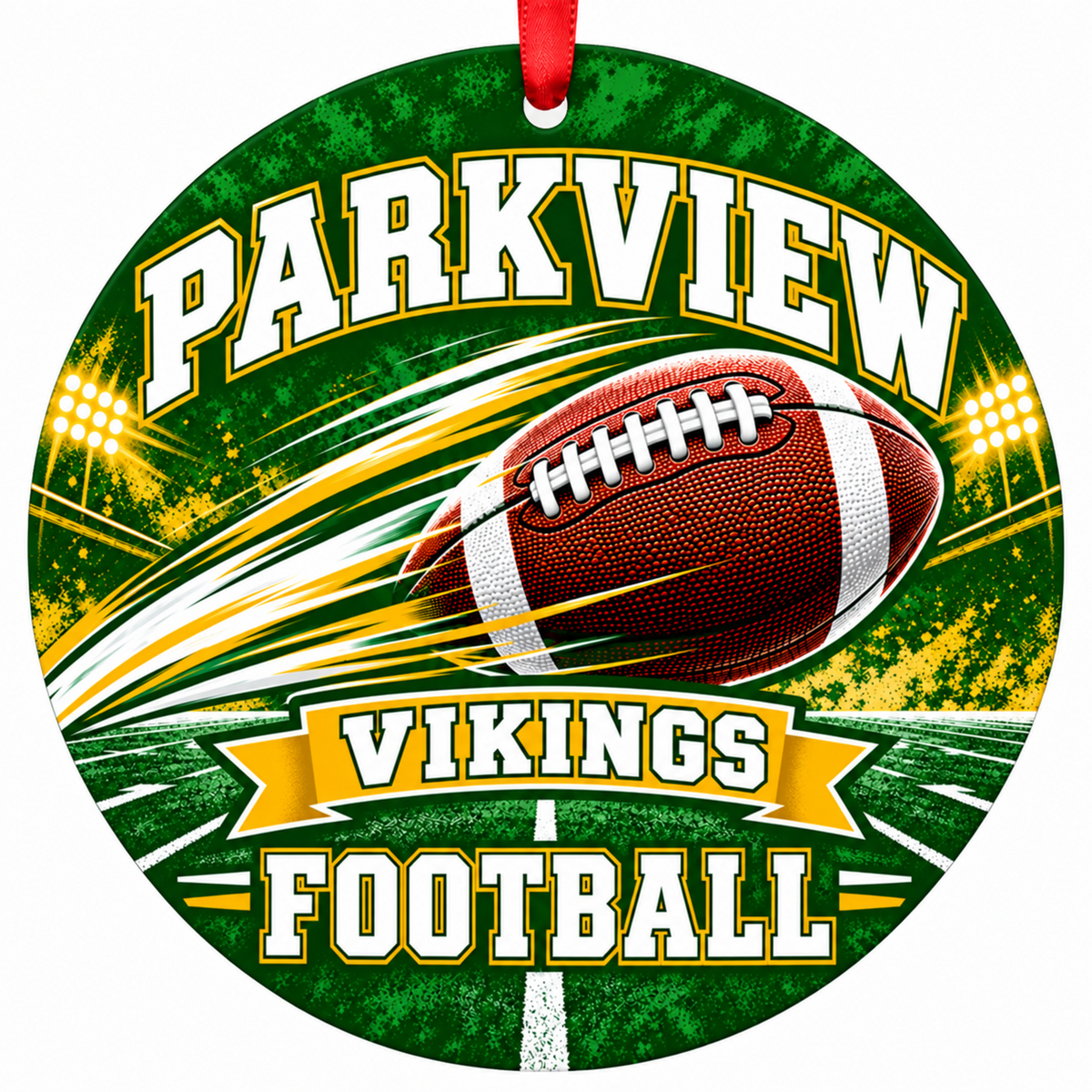 Parkview High School Vikings Football in Motion Christmas ornament in green and gold with red hanging ribbon