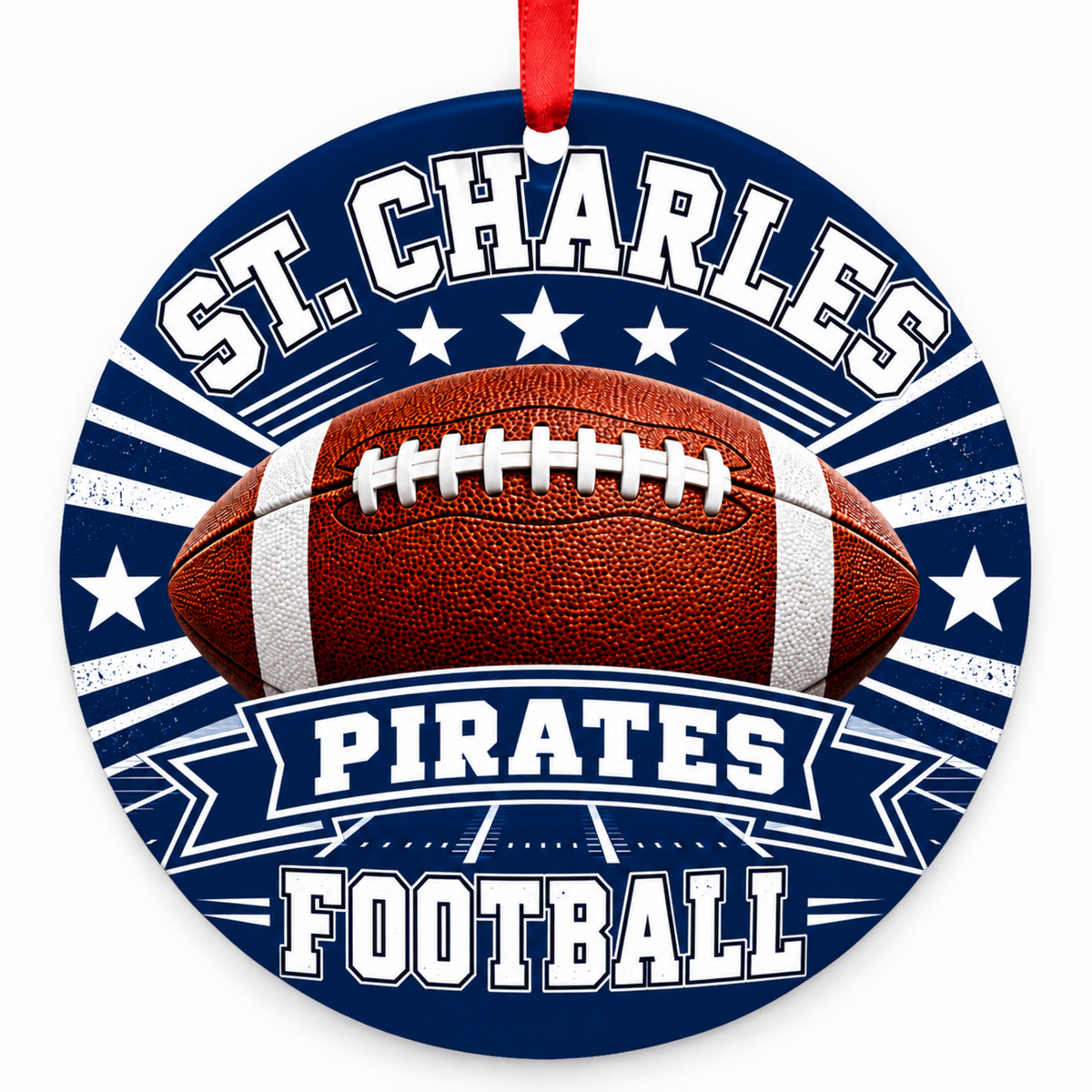 St. Charles High School Pirates Classic Football Christmas ornament in navy and white with red hanging ribbon