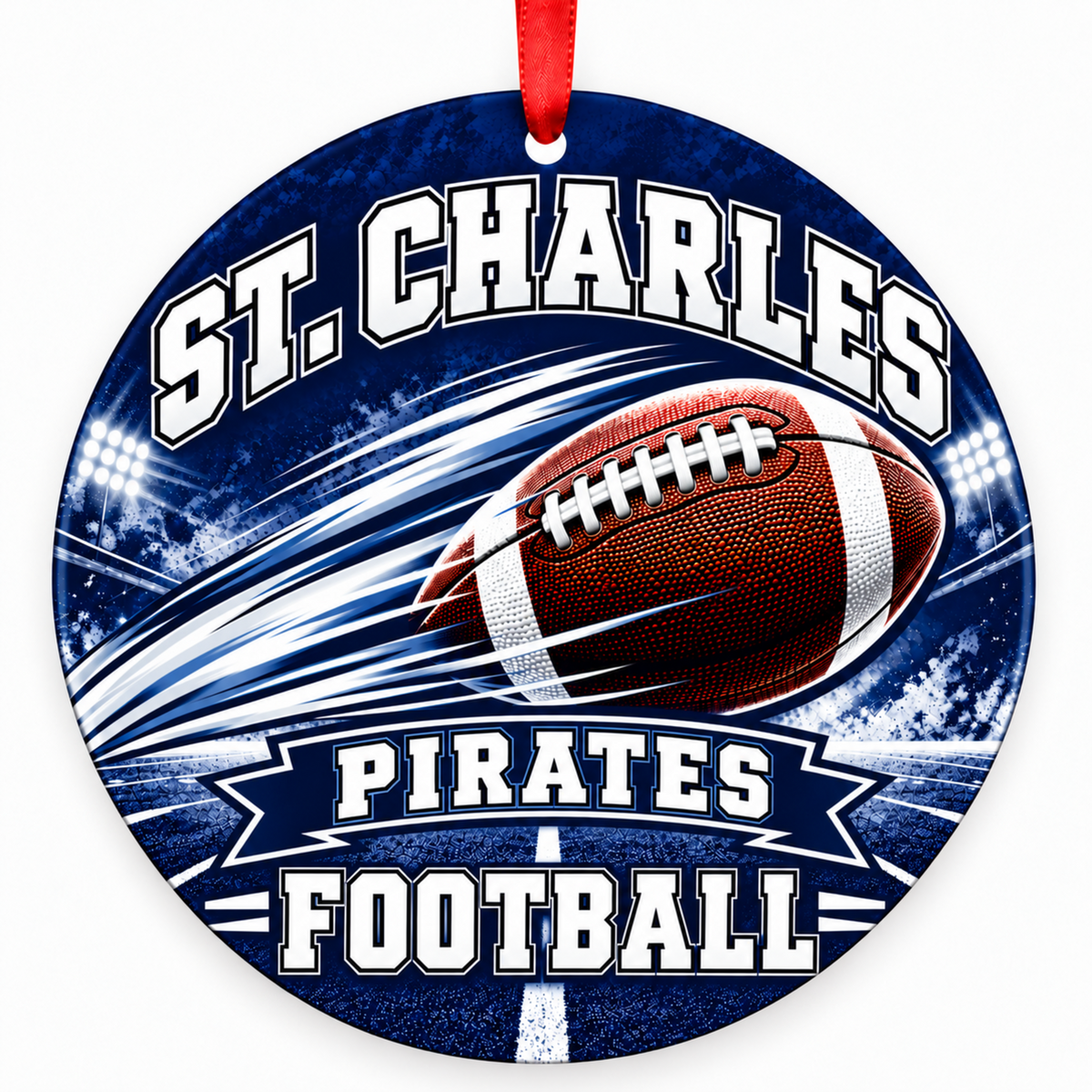 St. Charles High School Pirates Football in Motion Christmas ornament in navy and white with red hanging ribbon