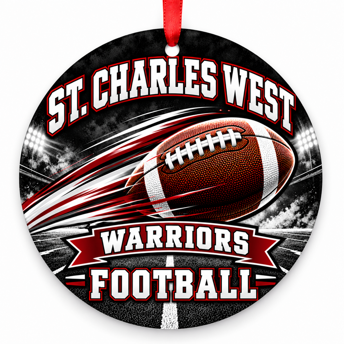 St. Charles West High Warriors Football in Motion flat round 3-inch ornament