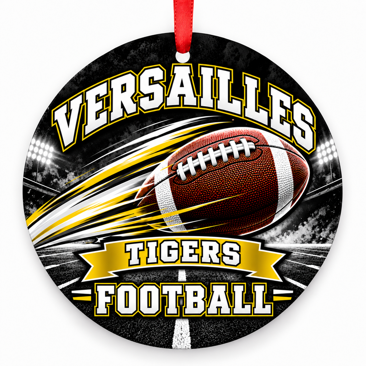 Morgan County High School (Versailles High School) Tigers – Football in Motion 3-inch football ornament, VERSAILLES, Missouri