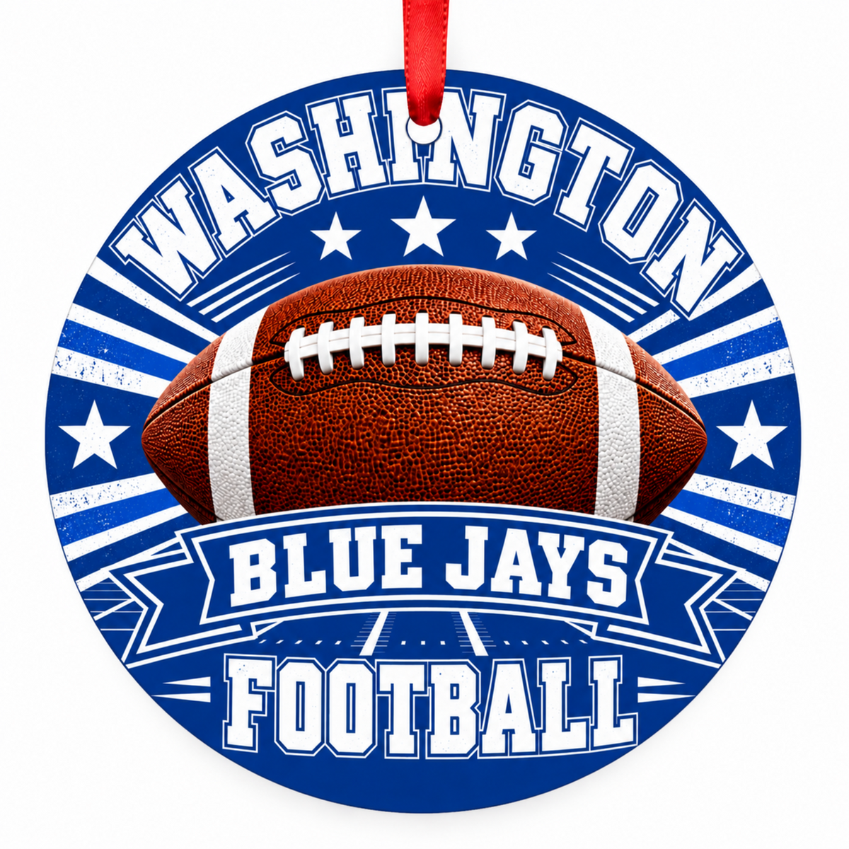 Washington Blue Jays Classic Football Christmas ornament in royal blue and white with red hanging ribbon
