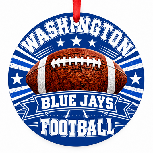 Washington Blue Jays Classic Football Christmas ornament in royal blue and white with red hanging ribbon