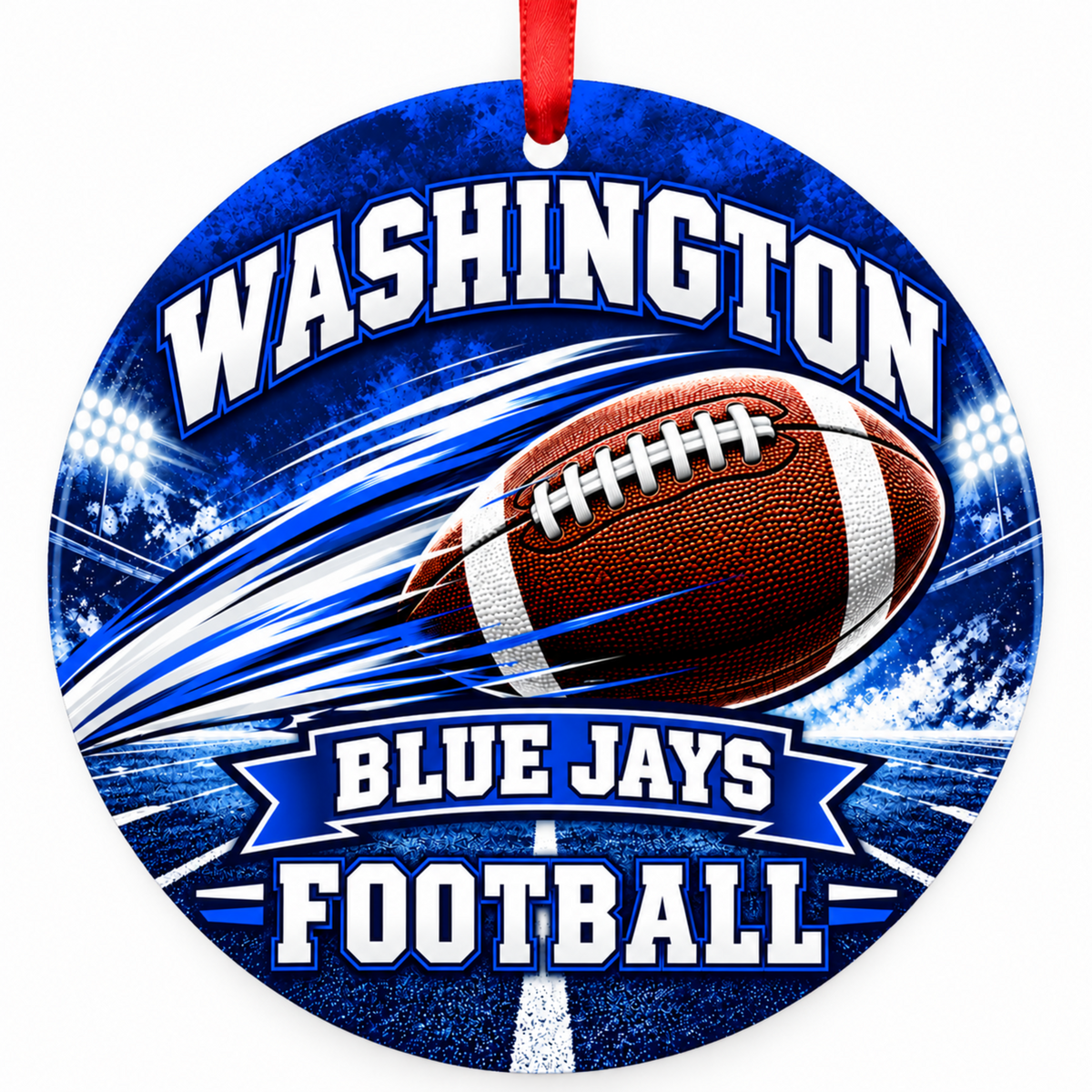 Washington Blue Jays Football in Motion Christmas ornament in royal blue and white with red hanging ribbon