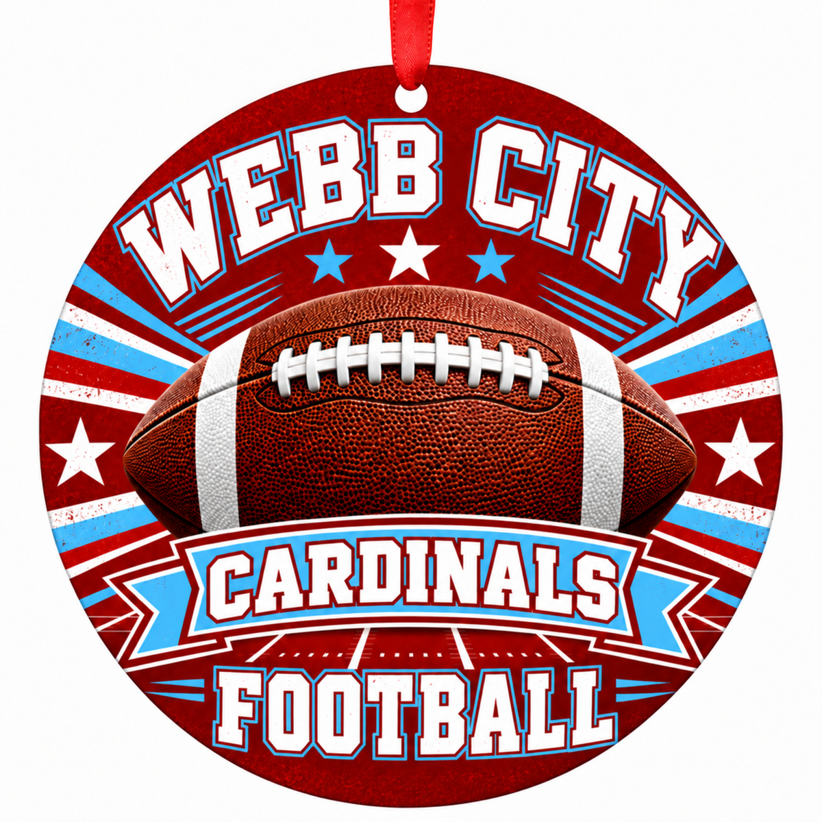 Webb City Cardinals Classic Football 3-inch round Christmas ornament in red, Columbia blue and white with red ribbon, Webb City Missouri
