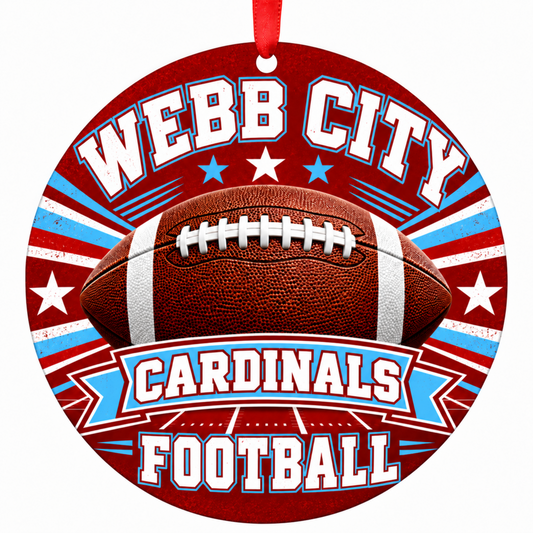 Webb City Cardinals Classic Football 3-inch round Christmas ornament in red, Columbia blue and white with red ribbon, Webb City Missouri