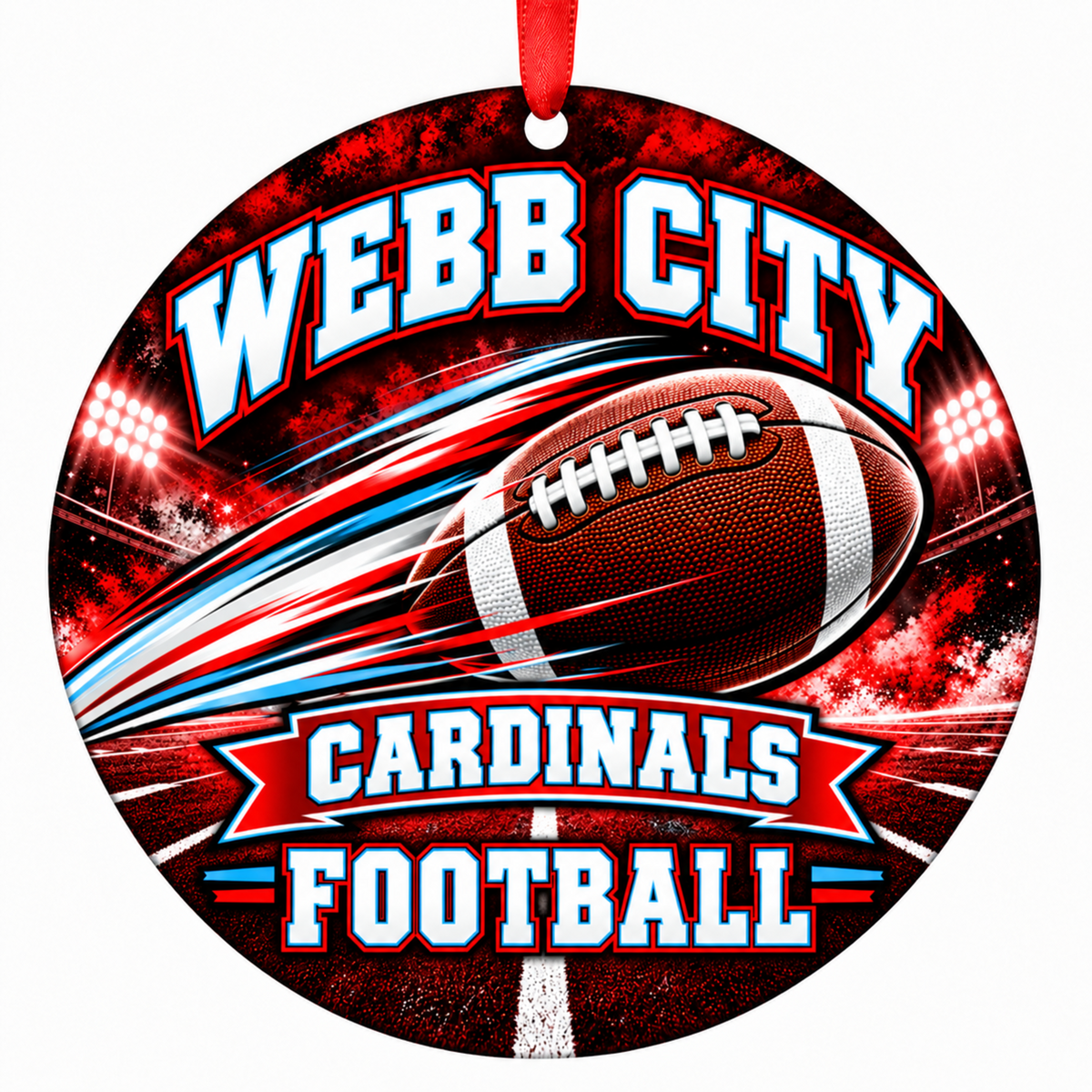 Webb City Cardinals Football in Motion 3-inch round Christmas ornament in red, Columbia blue and white with red ribbon, Webb City Missouri