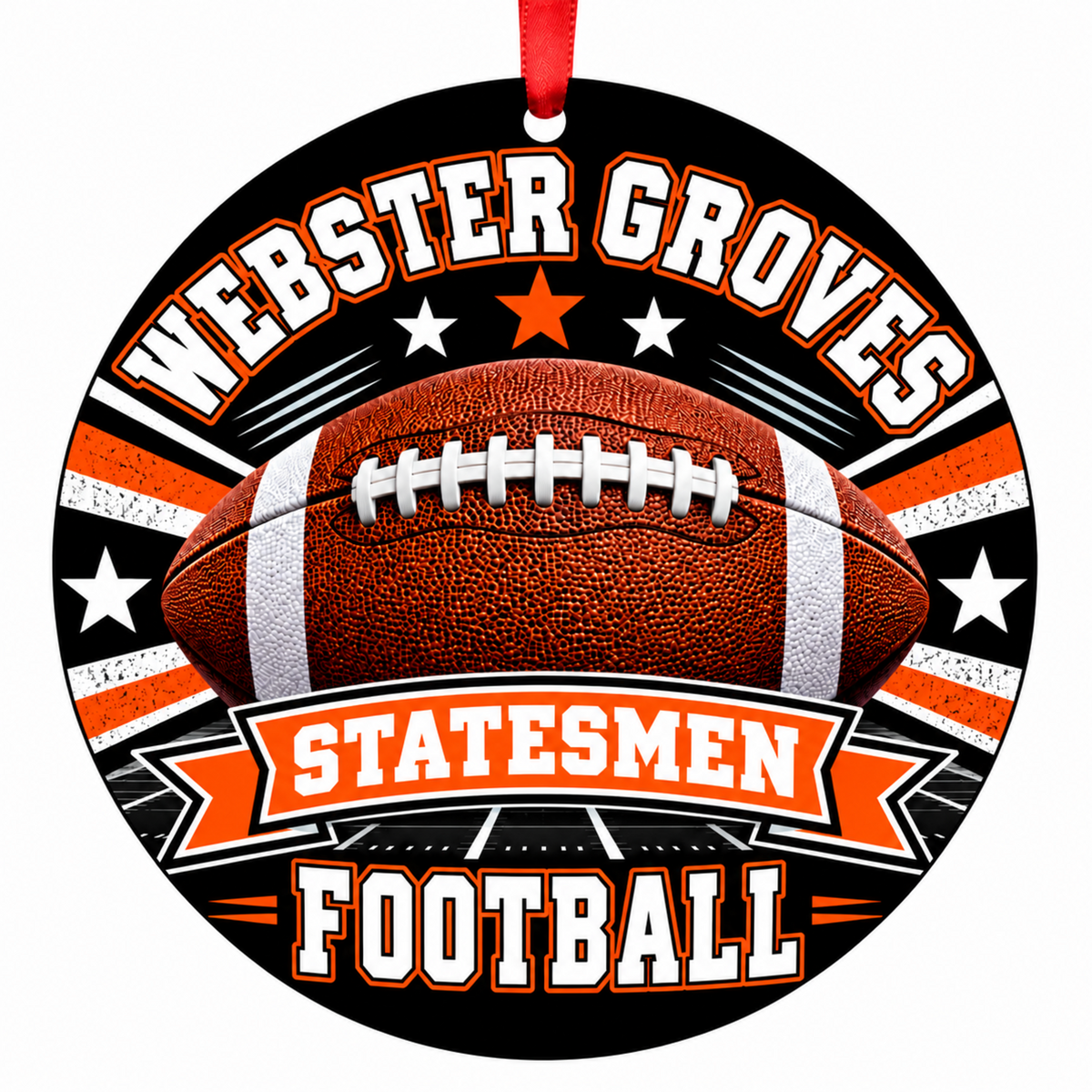 Webster Groves High School Statesmen Classic Football Christmas ornament in black and orange with red hanging ribbon