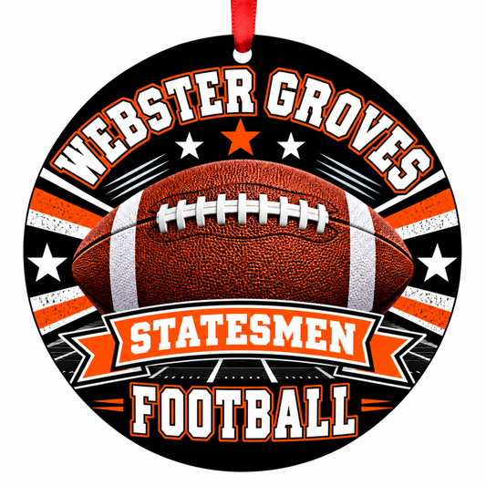 Webster Groves High School Statesmen Classic Football Christmas ornament in black and orange with red hanging ribbon