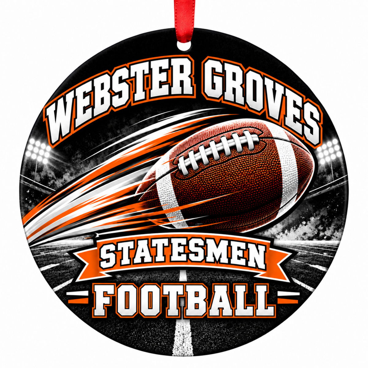 Webster Groves High School Statesmen Football in Motion Christmas ornament in black and orange with red hanging ribbon