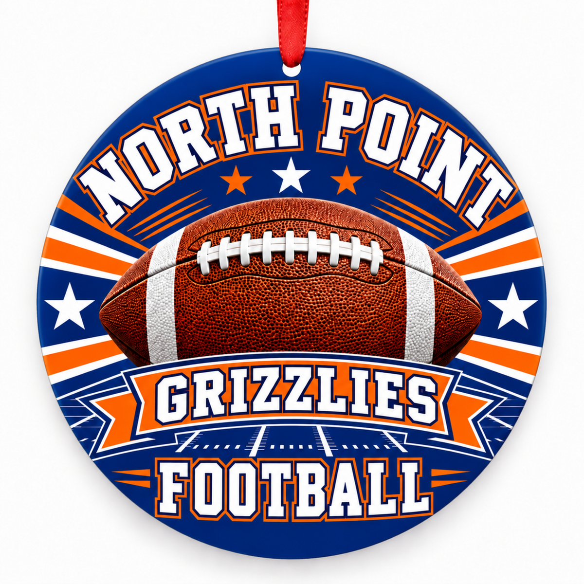 North Point Grizzlies Classic Football 3-inch round Christmas ornament in blue and orange with red ribbon