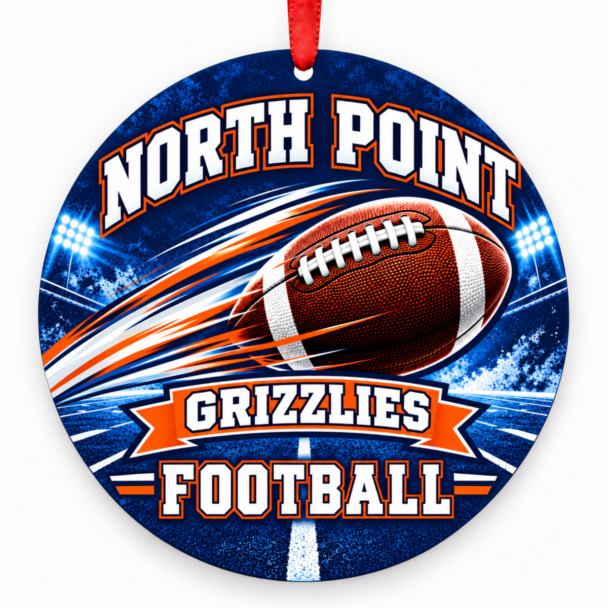 North Point Grizzlies Football in Motion 3-inch Christmas ornament with angled football and stadium lights in blue and orange